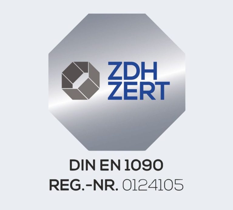 Siegel ZDH ZERT DIN EN 1090 Zertifizierungssiegel für DIN EN 1090 mit Registrierungsnummer 0124105.